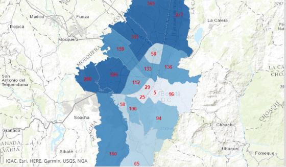 mapa de las localidades con coronavirus en Bogotá