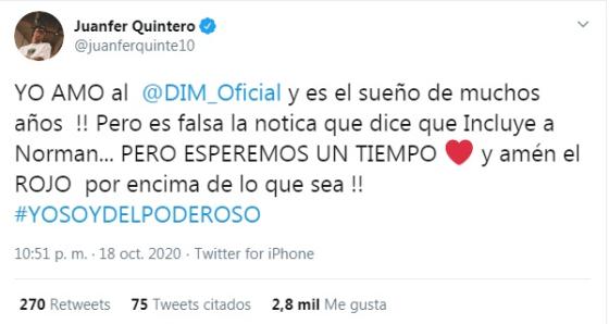 juan fernando quintero venta del DIM