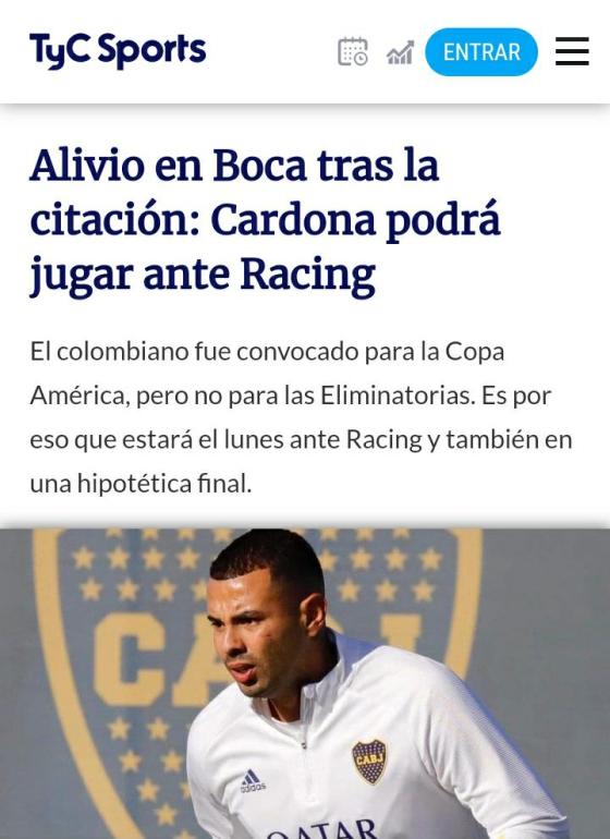 Prensa argentina califica de 'mala noticia' la convocatoria de Edwin Cardona