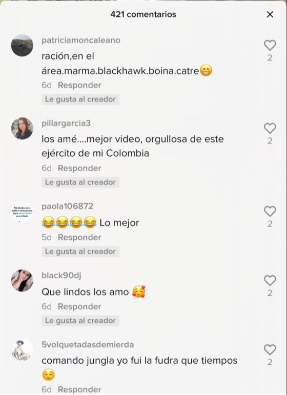 Los comentarios de la publicación más viral del TikTok del Ejército Nacional. 