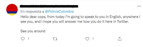 Usuario en Twitter se burla de trinos de la Policía Nacional en inglés y francés.