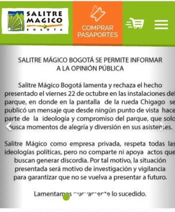 Comunicado de Salitre Mágico sobre mensaje ofensivo contra Álvaro Uribe. Comunicado de Salitre Mágico.