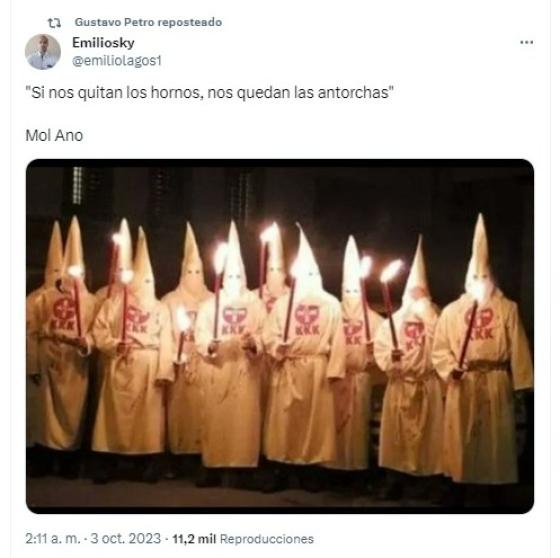 Petro lanzó indirecta contra Diego Molano con imagen del Ku Klux Klan