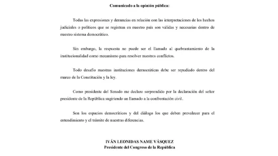 Comunicado del presidente del Senado al presidente Gustavo Petro