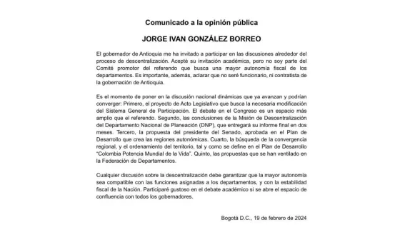 Jorge Iván González confirma que no será "contratista de la Gobernación de Antioquia"