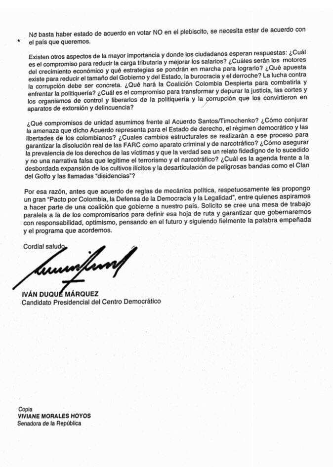 Iván Duque envía una carta a miembros de coalición de derecha